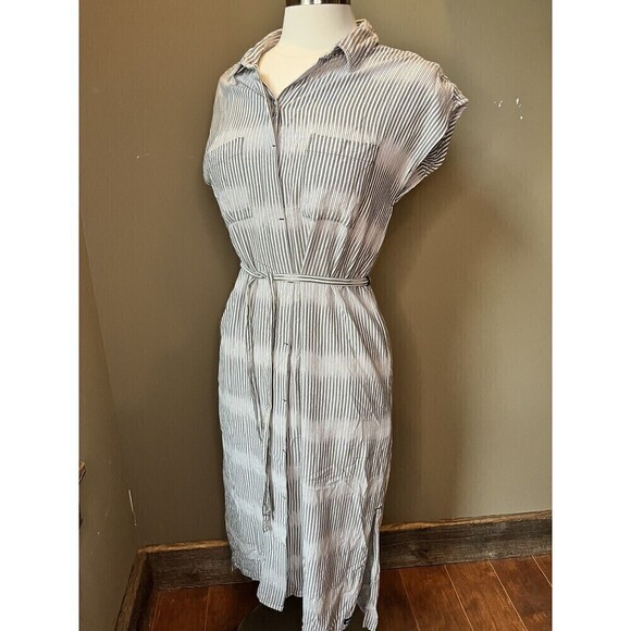 KAVU La Paz Sea Salt Striped Short Sleeve Button Down Midi Shirt Dress Medium - Picture 1 of 9